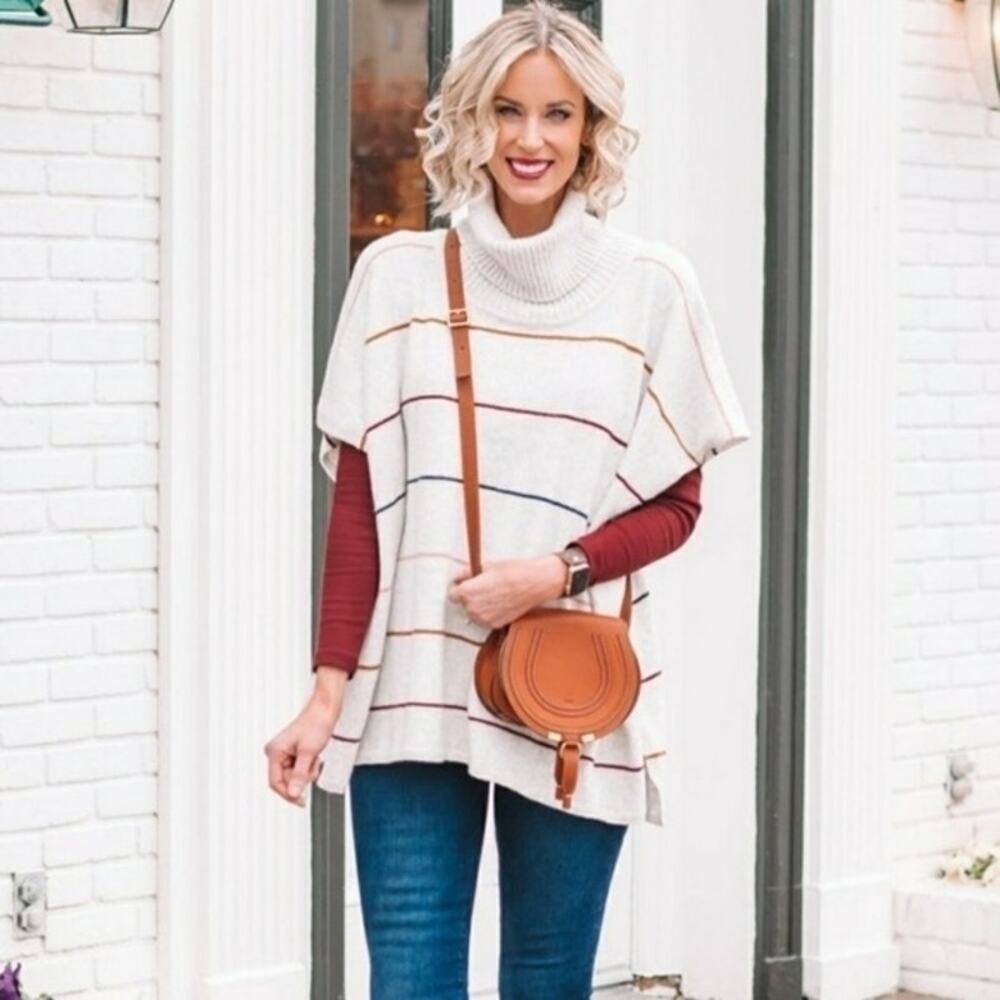 ✨2/$30✨Loft Stripe Cowl Neck Poncho Sweater XS/S Oversized Gray Relaxed Fit